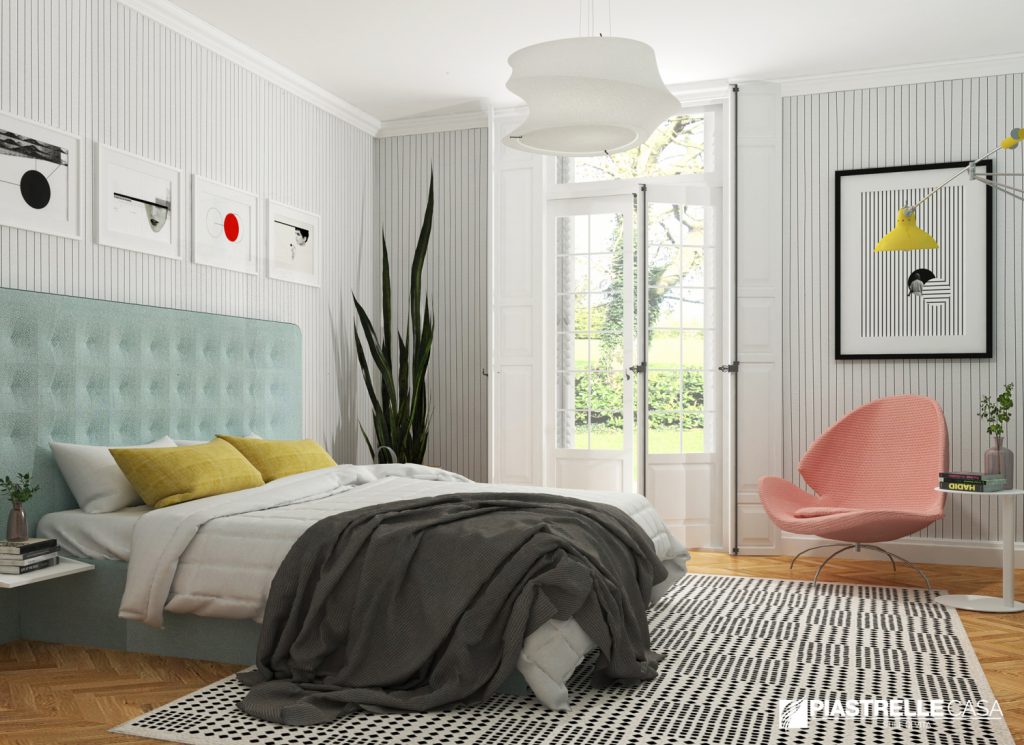 Dormitor in culori pastel si elemente grafice